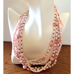 Vtg‎ Pink Oval Round Beaded Multi-Strand Boho Beach Jewelry Fashion Necklace